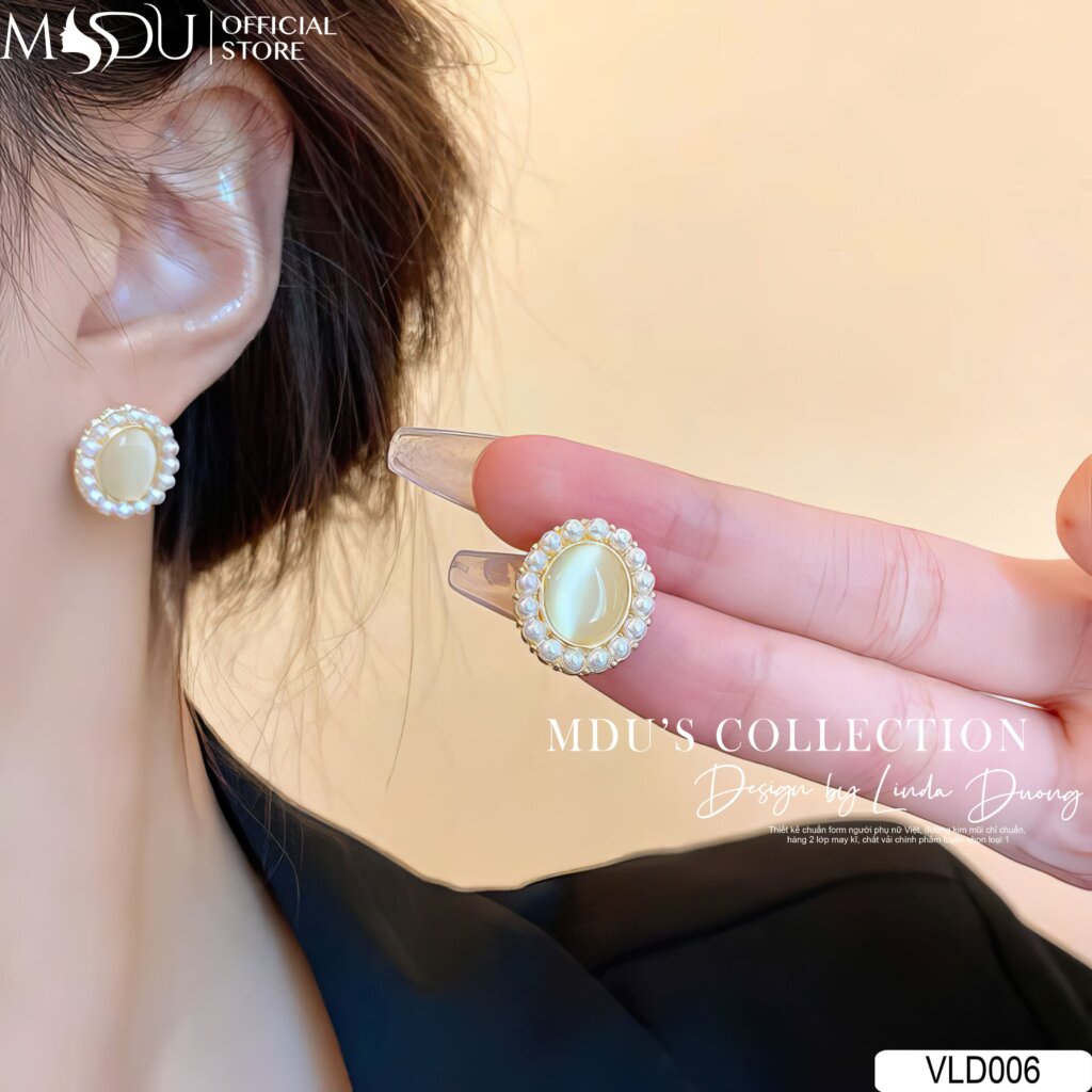 VLD006 Khuyên Tai Thiết Kế Oval Đính Ngọc Xà Cừ