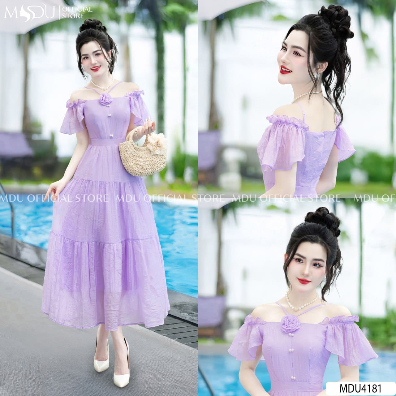 Các Kiểu Váy Đi Biển Màu Tím Khiến Bạn "Yêu Từ Cái Nhìn Đầu Tiên" - Váy Trễ Vai Tím