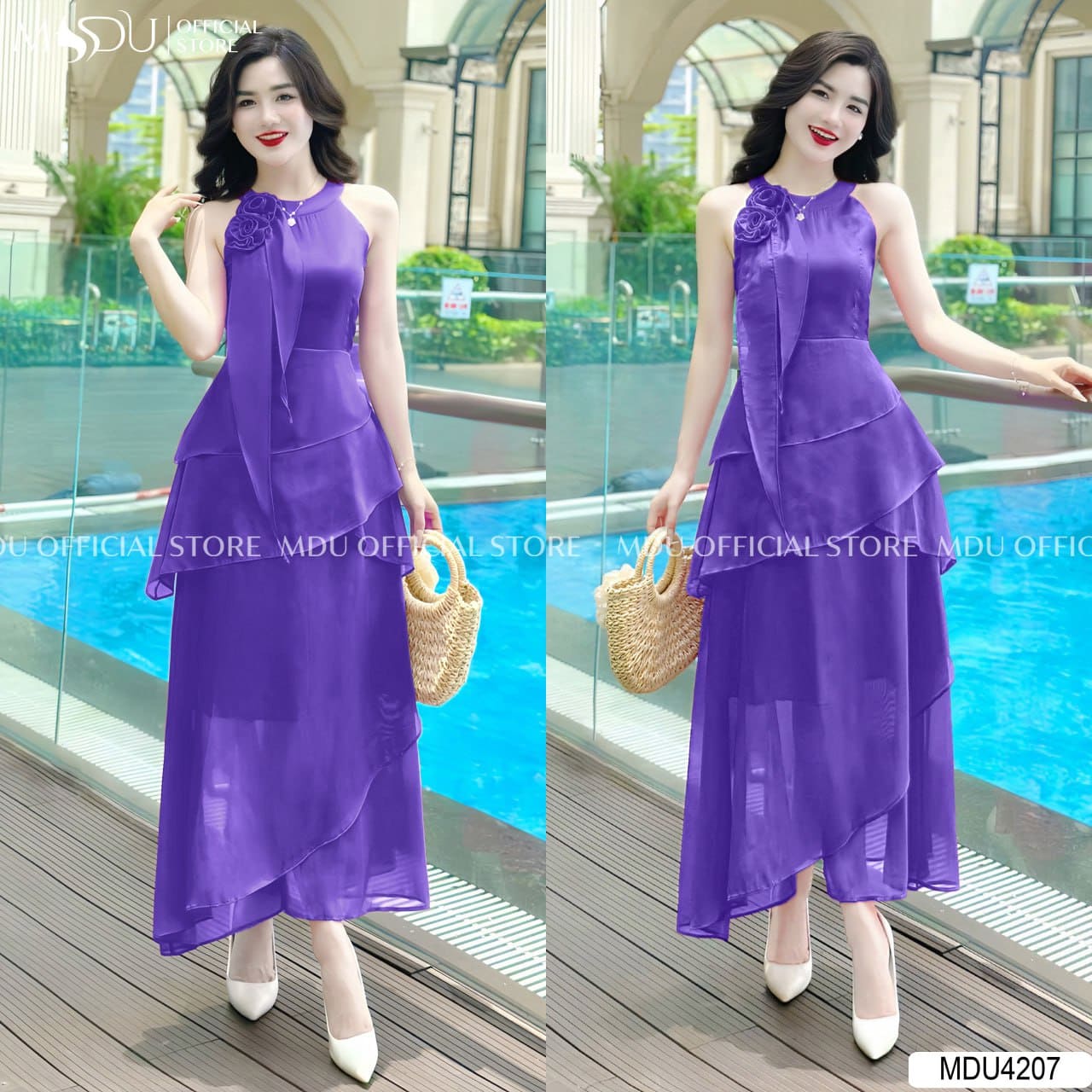 Các Kiểu Váy Đi Biển Màu Tím Khiến Bạn "Yêu Từ Cái Nhìn Đầu Tiên" - Váy Cổ Yếm Tím