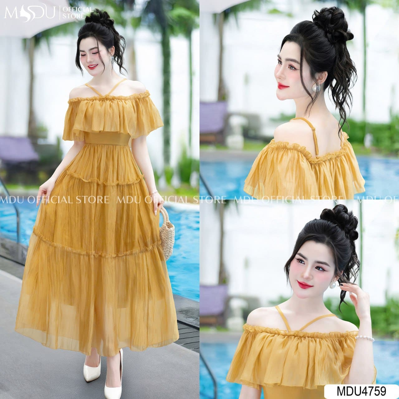 Các Kiểu Váy Đi Biển Màu Vàng Khiến Bạn “Đốn Gục” - Váy Trễ Vai Vàng