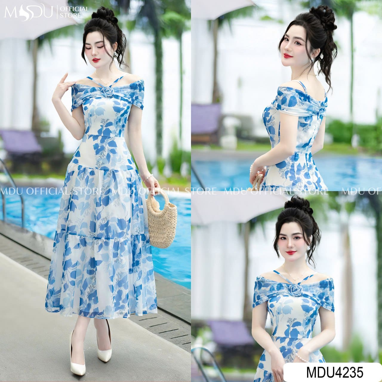 Các kiểu dáng váy đi biển màu xanh hot nhất hiện nay - Váy trễ vai xanh biển