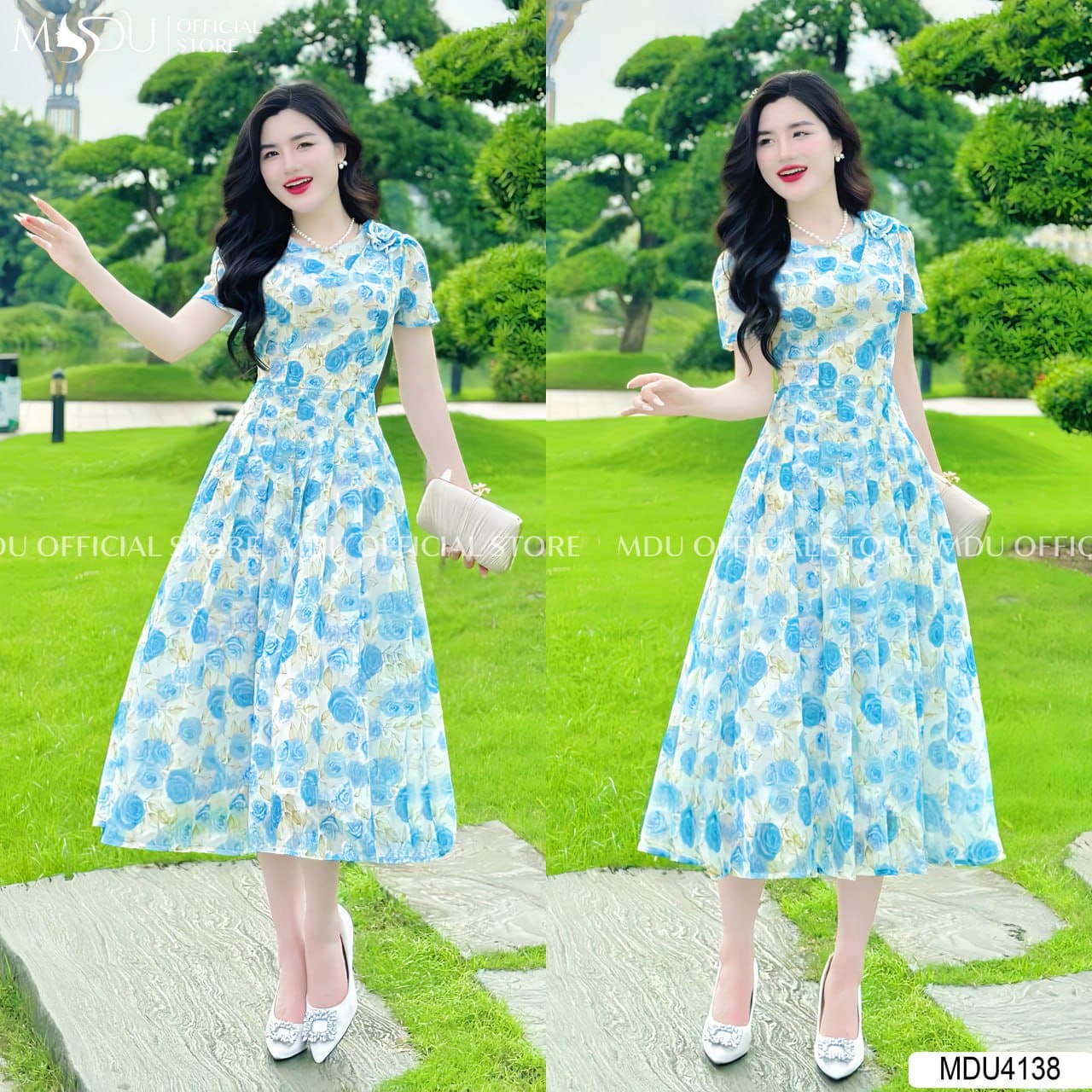 Các kiểu dáng váy đi biển màu xanh hot nhất hiện nay - Váy maxi xanh biển thướt tha