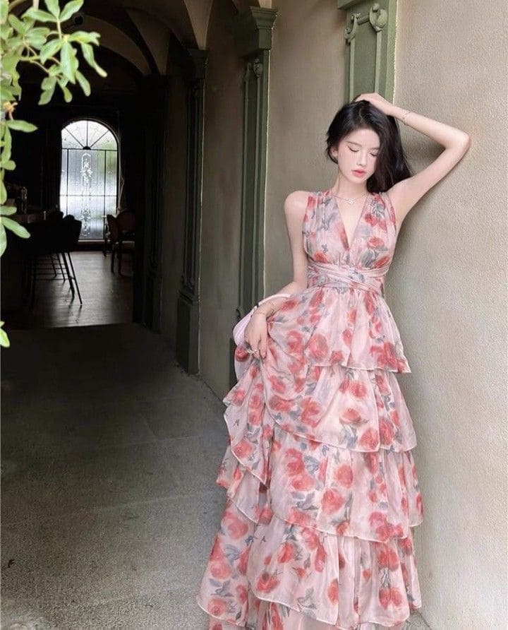 Các Kiểu Váy Maxi Hoa Nhí Đi Biển Hot Nhất Hiện Nay - Váy Maxi Hoa Nhí Đi Biển Cúp Ngực