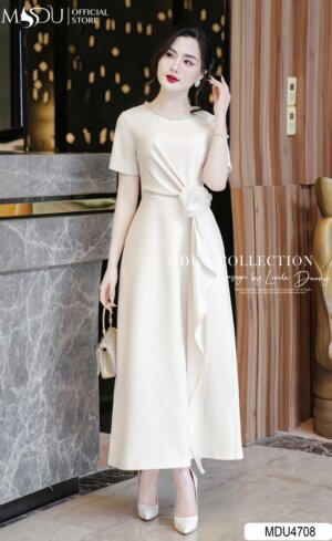 Váy Thiết Kế MDU4708 Mango Ý Trắng Kem Thanh Lịch Hoa 3D Tinh Tế