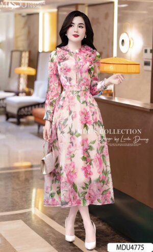 Váy Thiết Kế MDU4775 Cổ Hoa 3D Tơ Óng Hàn Tinh Tế