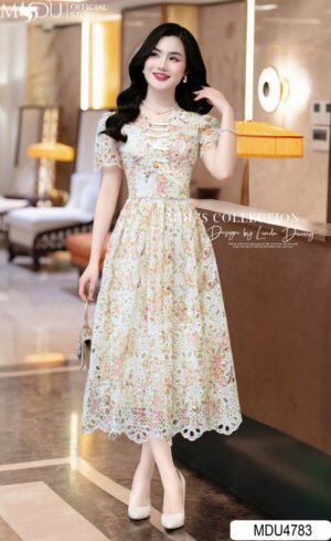 Váy Thiết Kế MDU4783 Dáng Xòe Xếp Li Cổ Nơ Tay Ngắn Cách Điệu