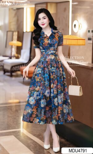 Váy Thiết Kế MDU4791 Cổ V Hoa Đính Tơ Óng Quyến Rũ