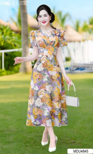 Váy Thiết Kế MDU4845 Hoa 3D Cổ V Dáng Xòe Tông Cam Lãng Mạn