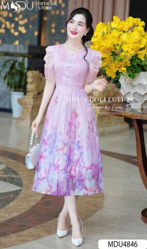 Váy Thiết Kế MDU4846 Chân Váy Dập Ly Dáng Xòe Tay Bồng Cổ Điển