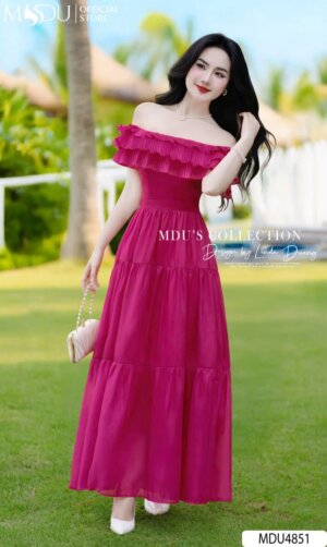 Váy Thiết Kế MDU4851 Chất Tơ Óng Trễ Vai Hồng Sen Quyến Rũ