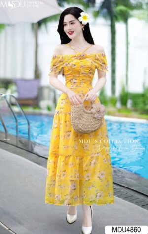 Váy Thiết Kế MDU4860 Hoa 3D Trễ Vai Xòe Tông Vàng Rực Rỡ