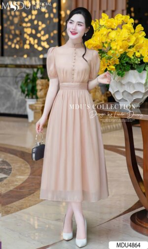Váy Thiết Kế MDU4864 Cúc Bọc Dáng Xòe Tay Bồng Thanh Lịch