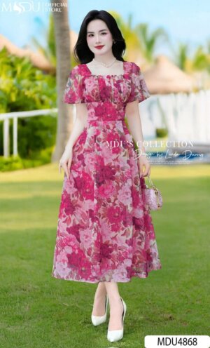 Váy Thiết Kế MDU4868 Cổ Vuông Dáng Xòe Tông Hồng Lãng Mạn