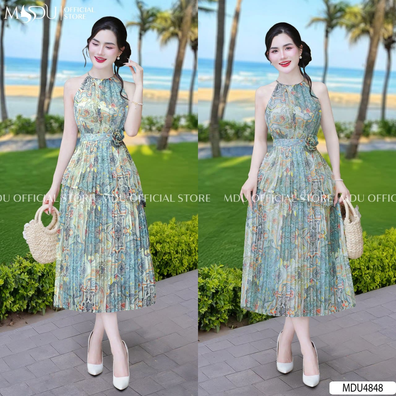 Gợi Ý 7 Mẫu Váy Hohemian Đi Biển Đẹp Mê Hồn - Váy Suông Cổ Yếm Buộc Dây