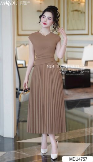 MDU4757 – Đầm Xếp Ly Gold Nhật Thanh Lịch, Tôn Dáng Chuẩn Sang