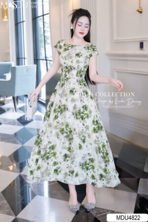 Váy Thiết Kế MDU4822 Lụa Hàn Hoa Xanh Cổ Thuyền Dịu Dàng Và Lịch Sự