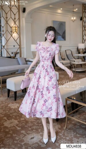 Váy Thiết Kế MDU4838 Cổ Vuông Cúc Ngọc Chiết Eo Tôn Dáng