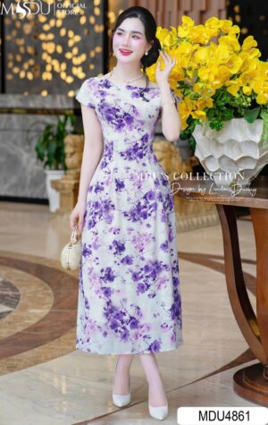 Váy Thiết Kế MDU4861 Lệch Vai Hoa Tím Lụa Latin Xòe Nhẹ Dịu Dàng