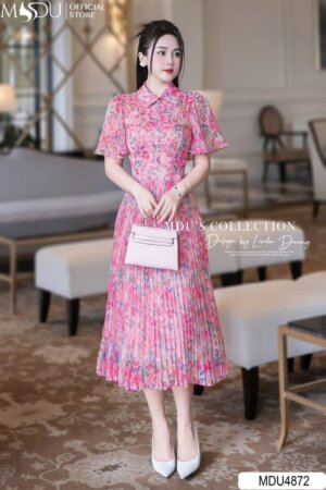 Váy Thiết Kế MDU4872 Hoa Hồng Pastel Cổ Sơ Mi Tay Cánh Tiên Dáng Xòe