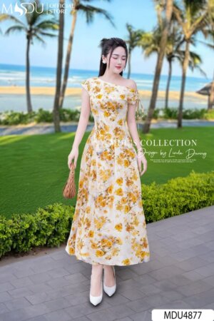 Váy Thiết Kế MDU4877 Hoa Vàng Cổ Lệch Vai Xòe Sang Trọng