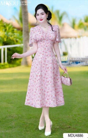 Váy Thiết Kế MDU4886 Cổ V Dáng Xòe Tay Cánh Rơi Tôn Dáng