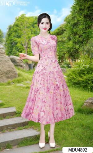 Váy Thiết Kế MDU4892 Tơ Xước Hoa 3D Thủ Công Xòe Bồng Bềnh Nữ Tính