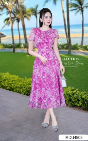 Váy Thiết Kế MDU4903 Hoa 3D Tay Bất Đối Xứng Tơ Xước Mịn Cá Tính Và Duyên Dáng