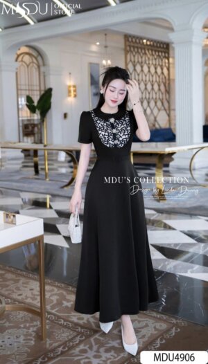 Váy Thiết Kế MDU4906 Đen Dáng Xòe Dài Phối Ren Cổ Sen Thanh Lịch