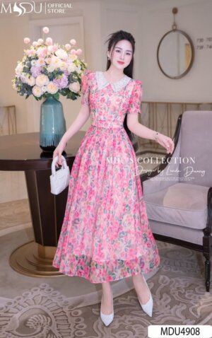 Váy Thiết Kế MDU4908 Tơ Xước Ren Hoa Cổ Ren Tay Bồng Dáng Dài Thanh Lịch