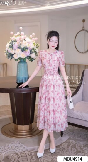 Váy Thiết Kế MDU4914 Tơ Tằm Ép Hoa Dập Ly Tay Bồng Dáng Dài Thanh Lịch