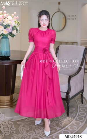 Váy Thiết Kế MDU4918 Hồng Sen Hoa 3D Xếp Ly Tay Phồng Tôn Dáng Kiêu Kỳ