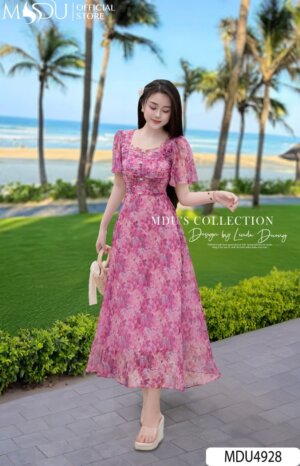 Váy Thiết Kế MDU4928 Tơ Xước In Hoa Dáng Dài Cổ Vuông Hoa Đính Nổi Thanh Thoát