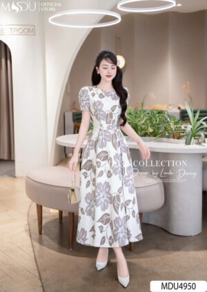 Váy Thiết Kế MDU4950 Chéo Hàn Hoa Trung Tính Tay Bồng Đai Eo Cúc Ngọc