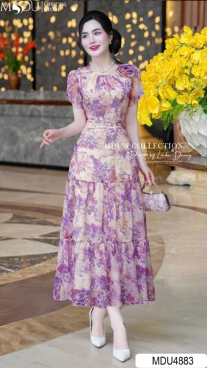 Váy Thiết Kế MDU4883 – Tơ Xước Hoa Dập Dáng Tầng Bay Bổng, Cổ Nhún Thanh Nhã
