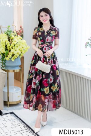 Váy Thiết Kế MDU5013 Tơ Xước Hoa Đỏ Dáng Xòe Nhẹ Tôn Dáng