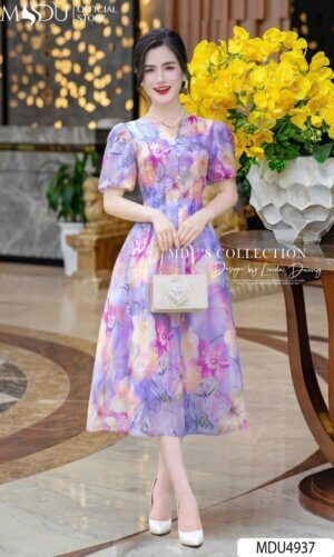 Váy Thiết Kế MDU4937 Tơ Óng Ngọc Trai Dáng Xòe Nhẹ Cổ V Cách Điệu Tay Bồng
