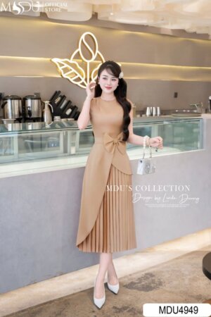 Váy Thiết Kế MDU4949 Lụa Vân Cao Cấp Dáng Xòe Lớp Phủ Chéo Nơ Đính Eo Xếp Ly Thanh Lịch