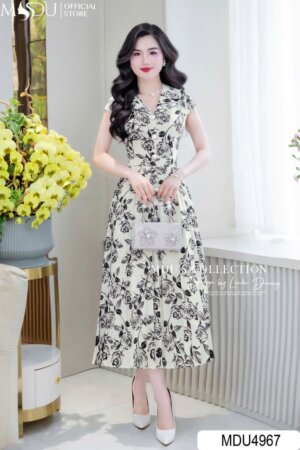 Váy Thiết Kế MDU4967 Lụa Satin Hoa Hồng Đen Cổ Vest Cúc Ngọc Tay Hến