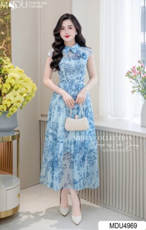 Váy Thiết Kế MDU4969 Sắc Xanh Cổ Sơ Mi Hoa Đính Eo Chiết Cao