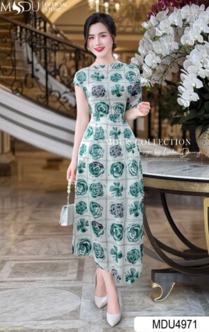 Váy Thiết Kế MDU4971 Hoa Xanh Dáng Ôm Nhẹ Cổ Thuyền Tay Cách Điệu