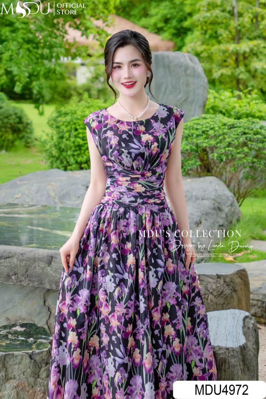 Váy Thiết Kế MDU4972 – Tơ Gân Xước Hoa Hồng Tím, Xếp Nếp Eo Tôn Dáng, Chân Váy Xếp Ly Duyên Dáng