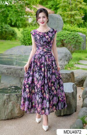 Váy Thiết Kế MDU4972 Hoa Hồng Tím Eo Bắt Chéo Chân Váy Xếp Ly