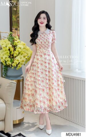 Váy Thiết Kế MDU4981 Thêu Hoa Hồng Cổ Sen Đính Đá Dập Ly Cúc Ngọc