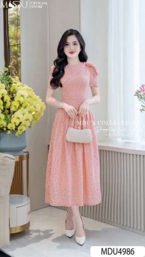 Váy Thiết Kế MDU4986 Voan Chiffon Hoa Nổi Hồng Ngọt Ngào Xếp Tầng Dáng Xòe Nhẹ