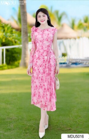 Váy Thiết Kế MDU5016 Tơ Xước Hoa Hồng Loang Dáng Dài Xòe Nhẹ