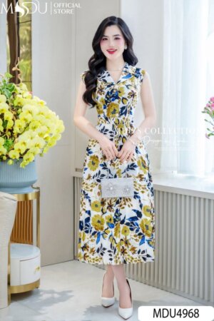 Váy Thiết Kế MDU4968 Lụa Satin Họa Tiết Hoa Lá Đa Sắc Nền Trắng Thanh Lịch