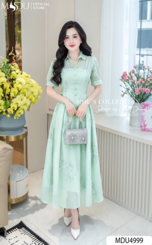 Váy Thiết kế MDU4999 Tơ Hoa Thêu Nổi –Cổ Sơ Mi Xòe Ly Thanh Lịch