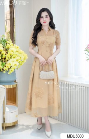 Váy Thiết Kế MDU5000 Tơ Hoa Thêu Nổi Đính Kim Sa – Dáng Xòe Xếp Ly Thướt Tha