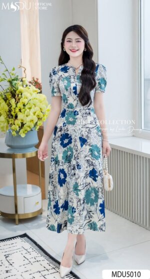 Váy Thiết Kế MDU5010 Hoa Xanh Đen Nền Kem Trang Nhã Cổ Cách Điệu Tay Bồng Thanh Lịch