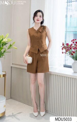 Váy Thiết Kế MDU5033 Bộ Short Vest Không Tay Tone Nâu Xước Thái Trẻ Trung Và Thanh Lịch